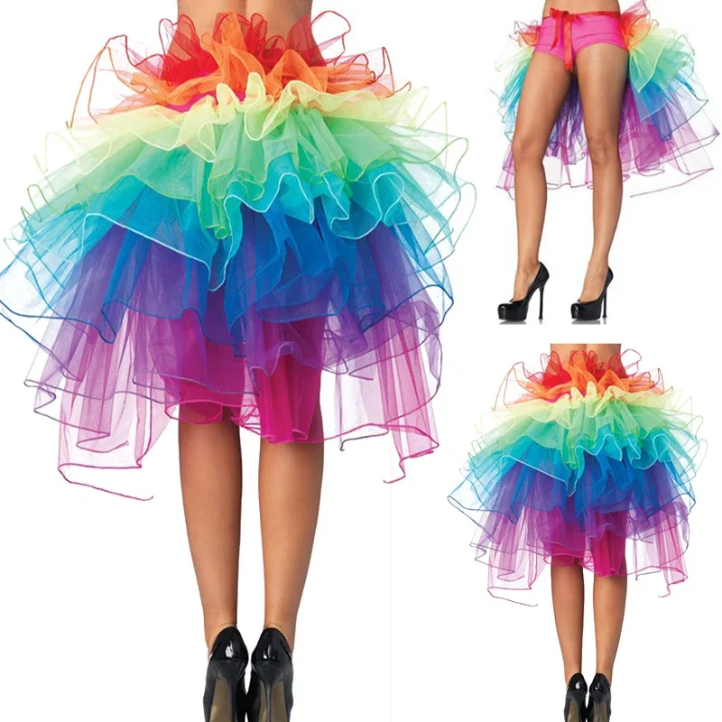 Women's Rainbow Puffy Ruffle Tutu Bustle Skirts Female Sexy Steampunk Cocktail Party Tie-On Overskirt Tutu Skirt For Clubwear