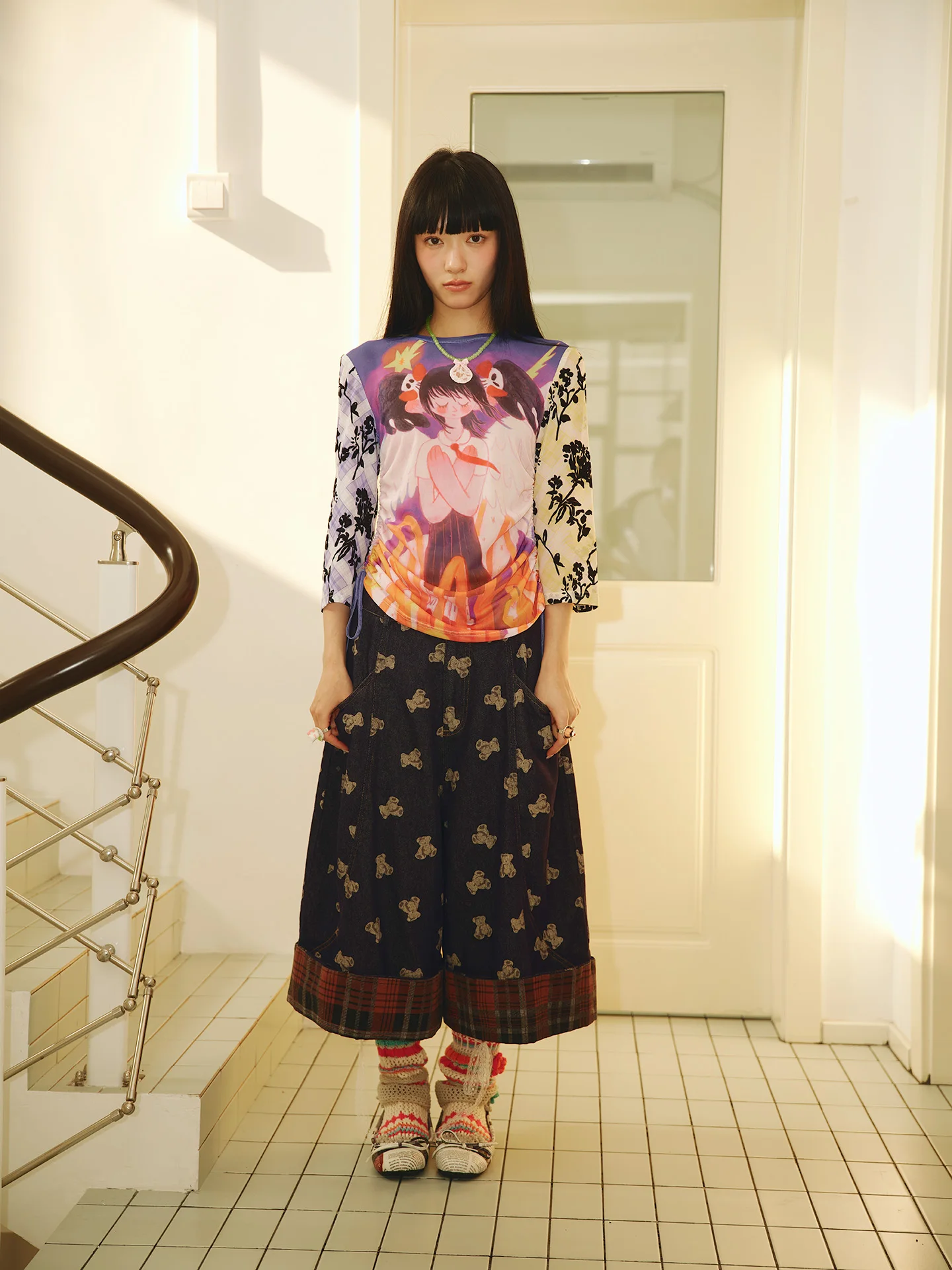 

Haveal X Star Volcano Collaboration Me Upper Body T-irt 7/8 Sve Printed Commute Sle Moisture ng Summer Wear