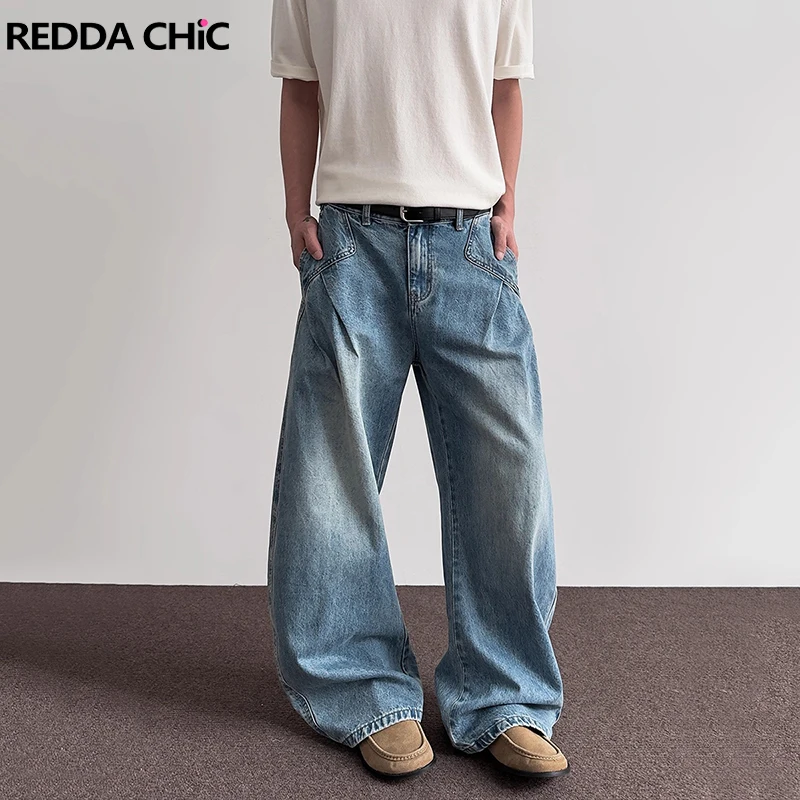 

REDDACHiC Pleated Pockets Men's Baggy Jeans Distressed Loose Casual Plain Cleanfit Wide Leg Barrel Pants Skater Retro Streetwear