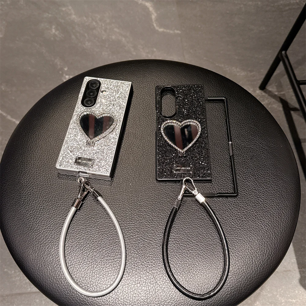 

Luxury Glitter Diamond Love Mirror Phone case for Samsung Galaxy Z Fold7 Fold6 fold5 4 3 Cover With Strap Cases Protective Cover