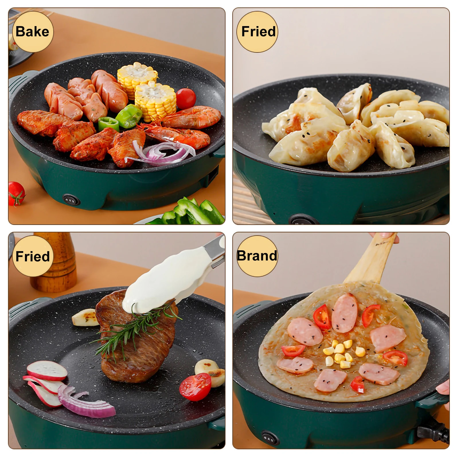 Electric Frying Pan Multifunction Barbecue Steak Fish Frying Pan Skillet Non-Stick Cooking Machine for Household Kitchen Camping