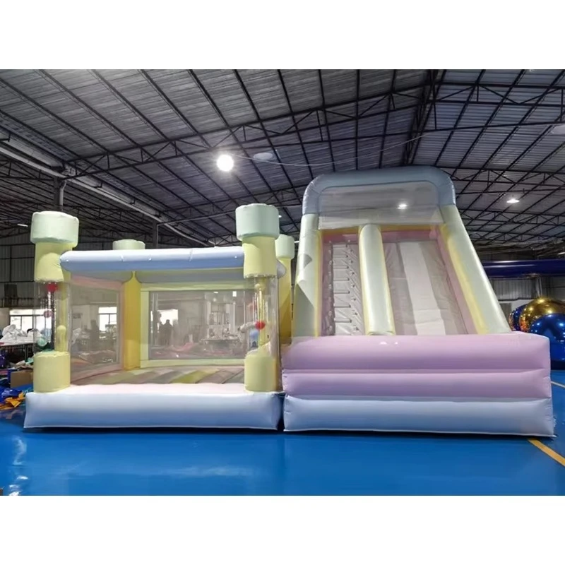 

Pastel Color Inflatable Bouncy Castle Bounce House Kids Birthday Party Rental White Bounce House With Balloons