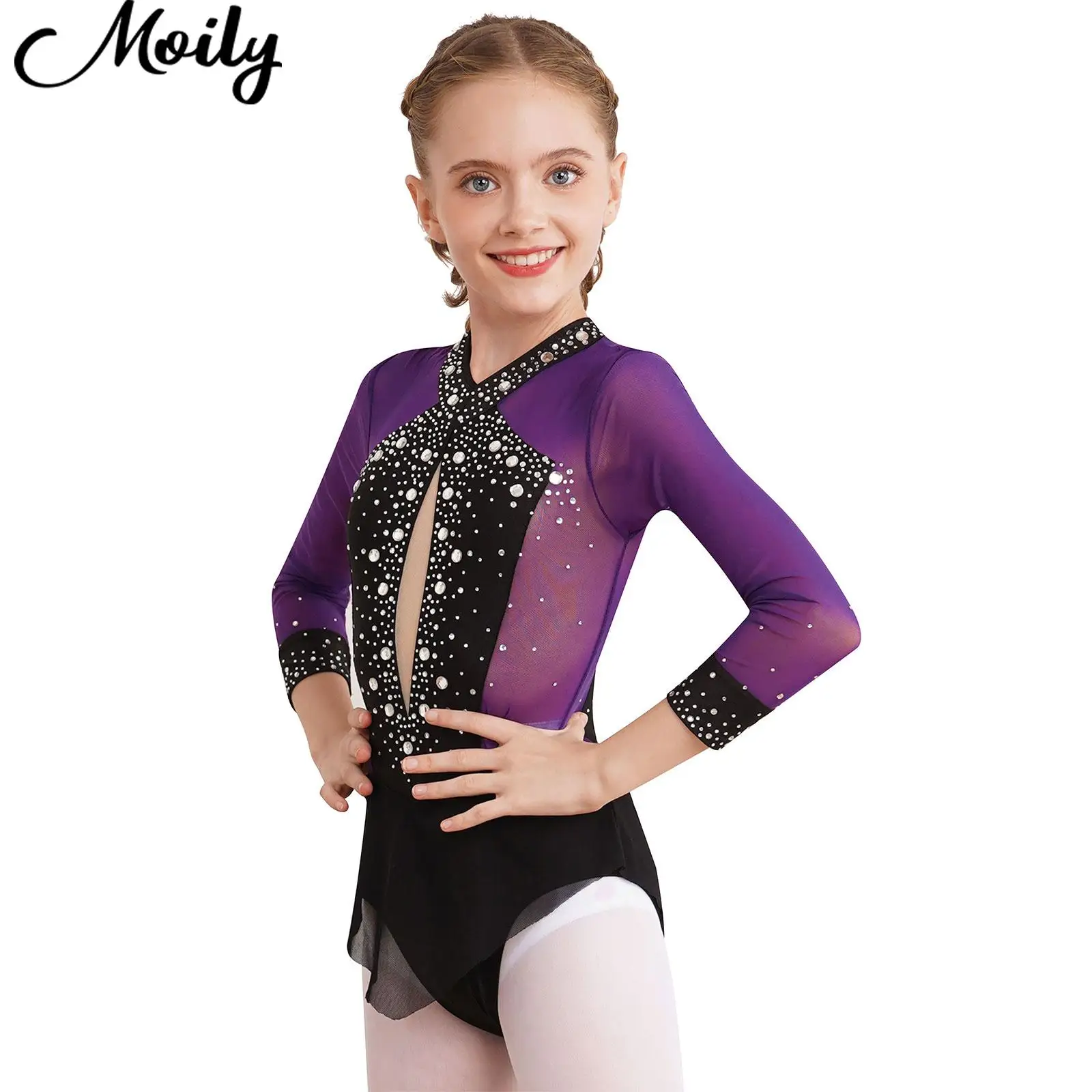 

Kids Girls Sparkly Rhinestones Figure Ice Skating Costume Ballet Dance Rhythmic Gymnastics Leotards Sheer Mesh Skirted Bodysuits