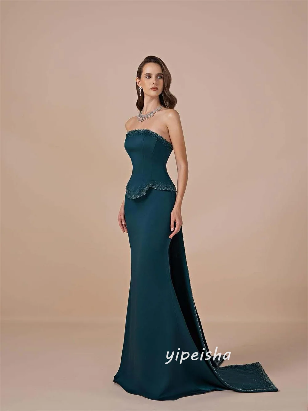 Customized Luxury Intricate Jersey Beading Sequined Mermaid Strapless Long Dresses Evening Dresses Sizes Available High Quality