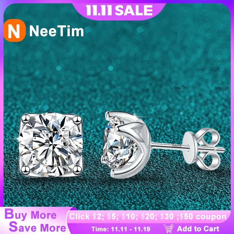 

NeeTim 1ct 2ct Moissanite Earring 925 Sterling Sliver with White Gold Plated Studs Earrings Party Jewelry for Women Wholesale