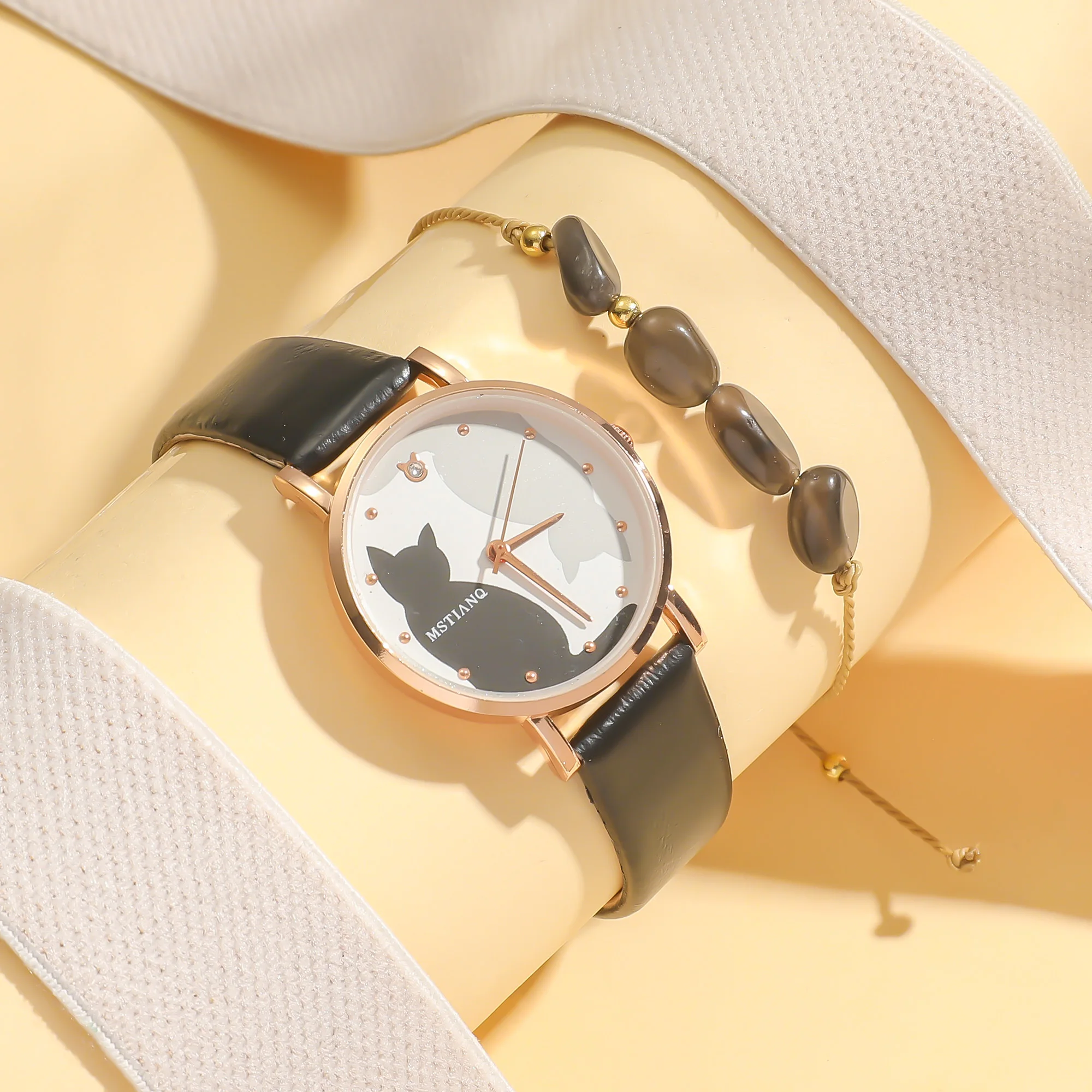 Pas de boîte cadeau, tempérament élégant populaire mode femme chat montre-bracelet bracelet en pierre de jade ensemble de 2 pièces