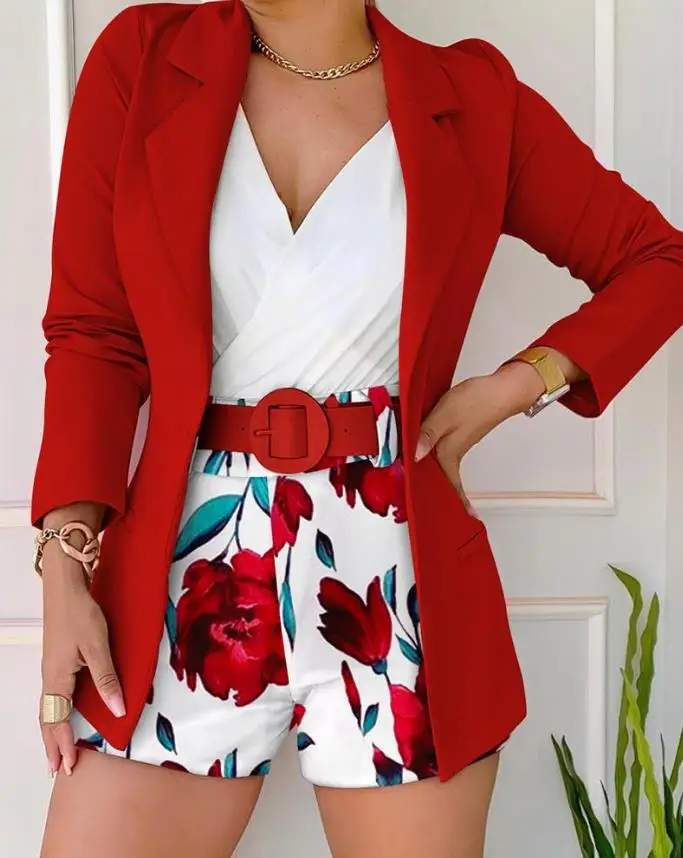 Long Sleeve Blazer & Floral Print Shorts Set with Belt Women Casual New Fashion 2023 Female Clothing Outfits Suit