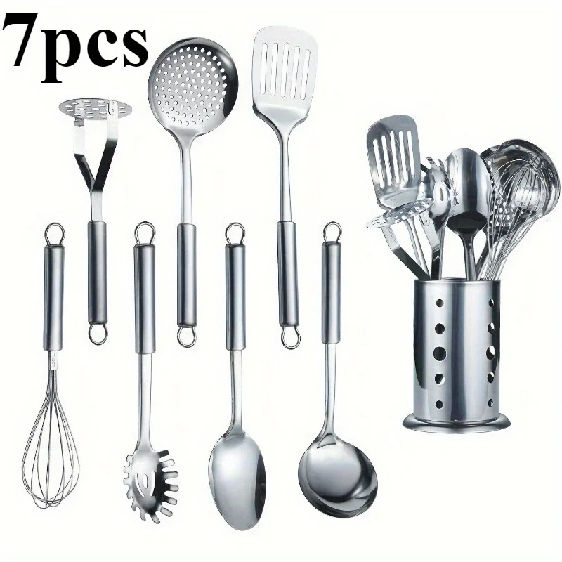 Stainless steel kitchenware set, 7-piece metal cookware tool set for a variety of cooking (mirror finish, dishwasher safe)