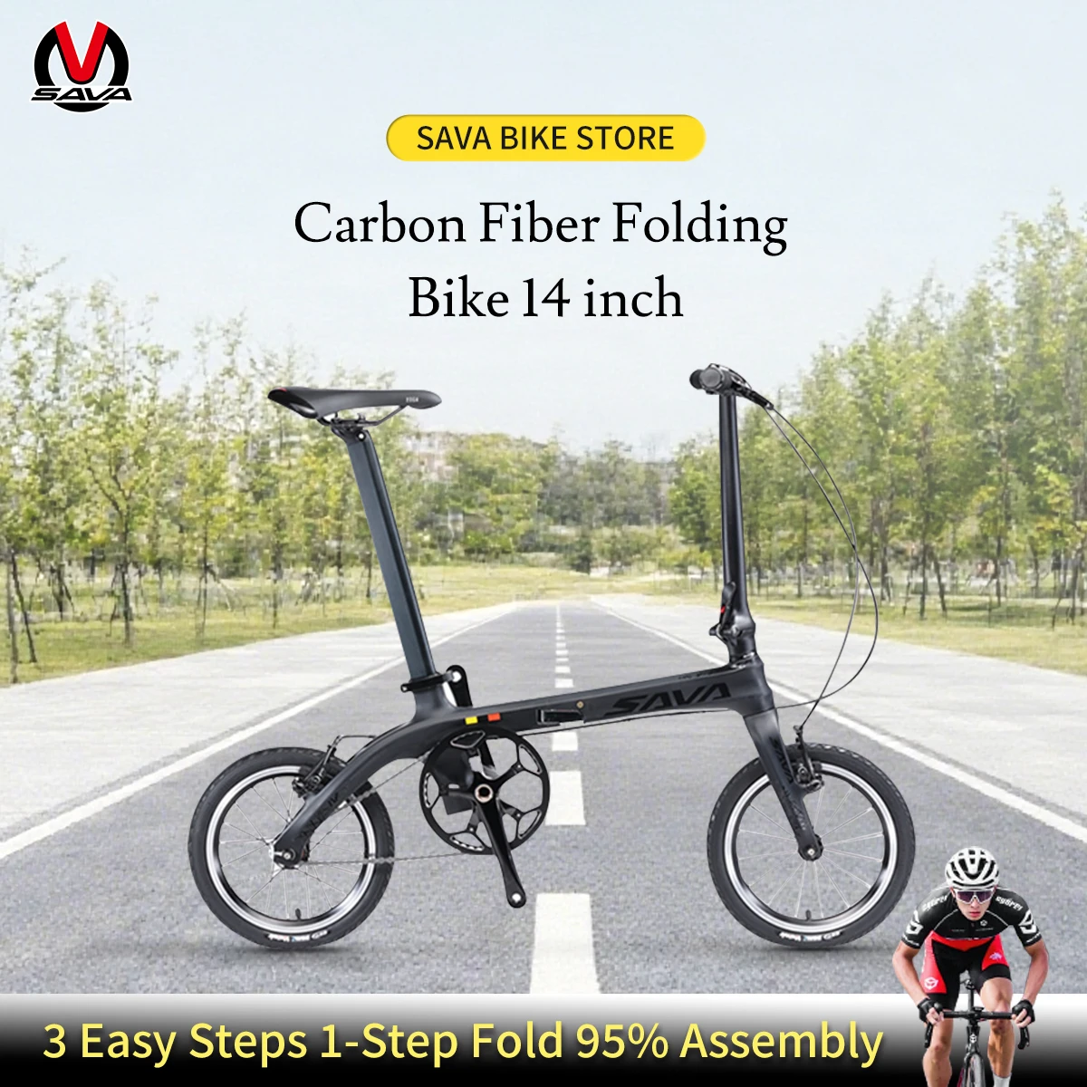 

SAVA Z0 14 Inch Carbon Fiber Folding Bicycle - Lightweight 6.7kg One-Button Student Bike for Easy Transport And Storage