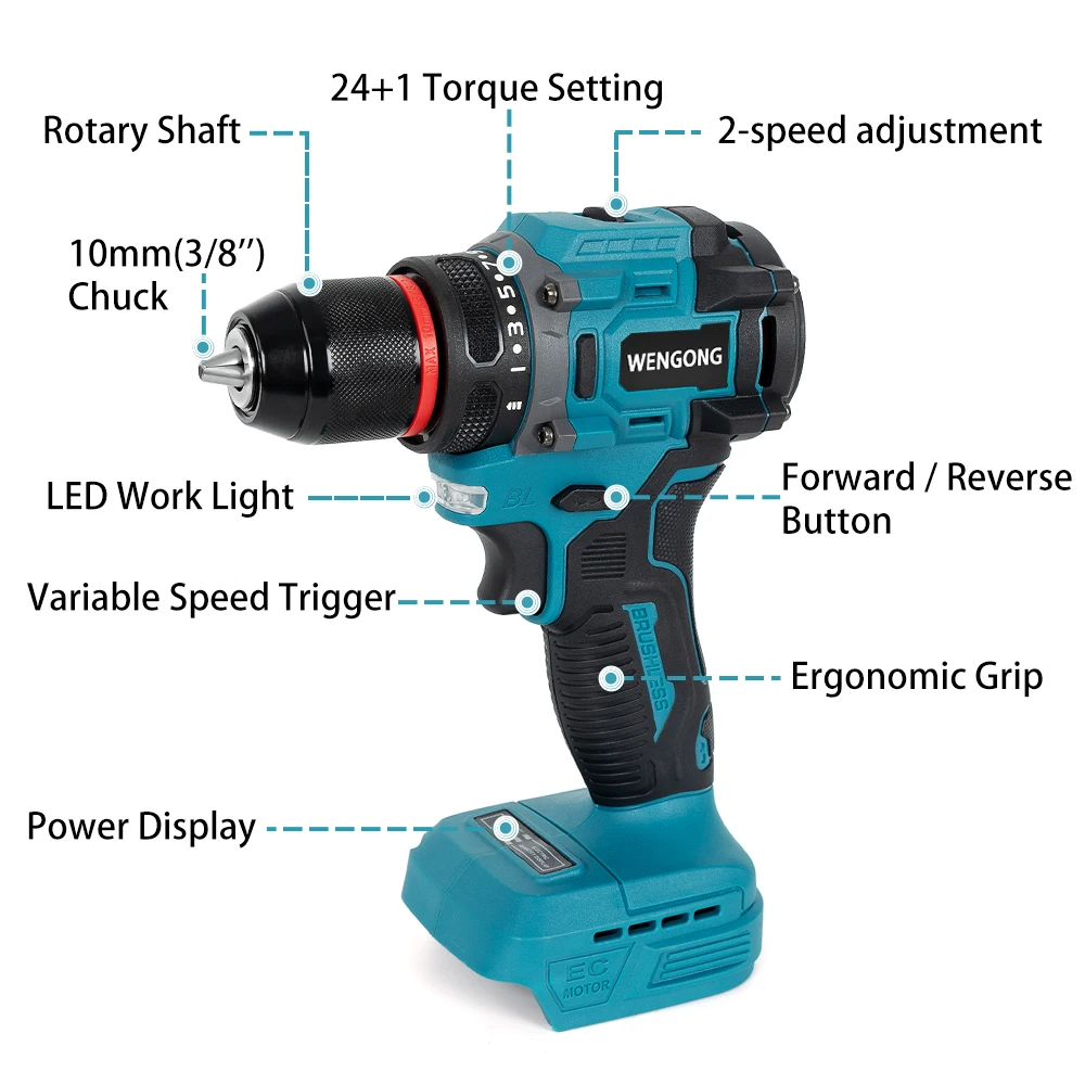 Imagem -03 - sem Escova Furadeira Elétrica Velocidades sem Fio Chave de Fenda 60nm Torque Mão Broca Ferramentas Elétricas para Makita 18v Bateria 10 mm