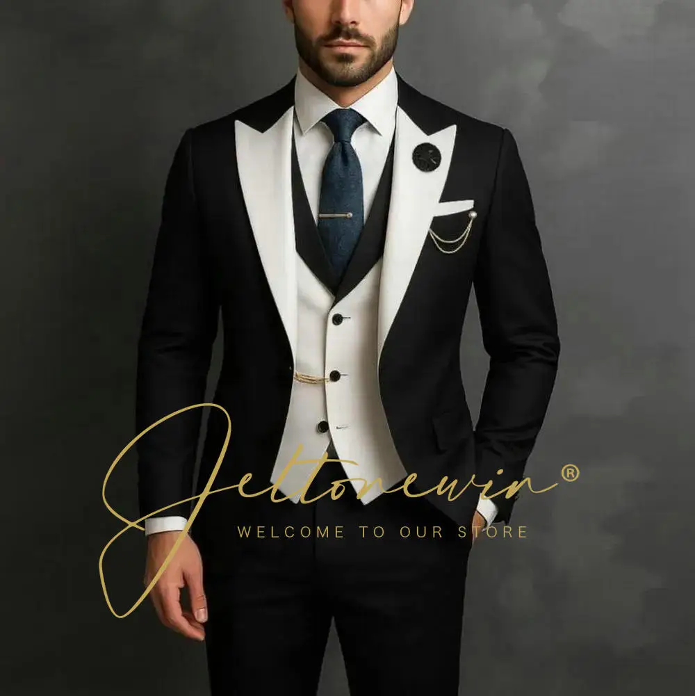 

Black Men Suits 3 Pieces Slim Fit Formal Blazer Vest Pants Elegant Peaked Lapel Wedding Party Tuxedo Business Prom Outfits