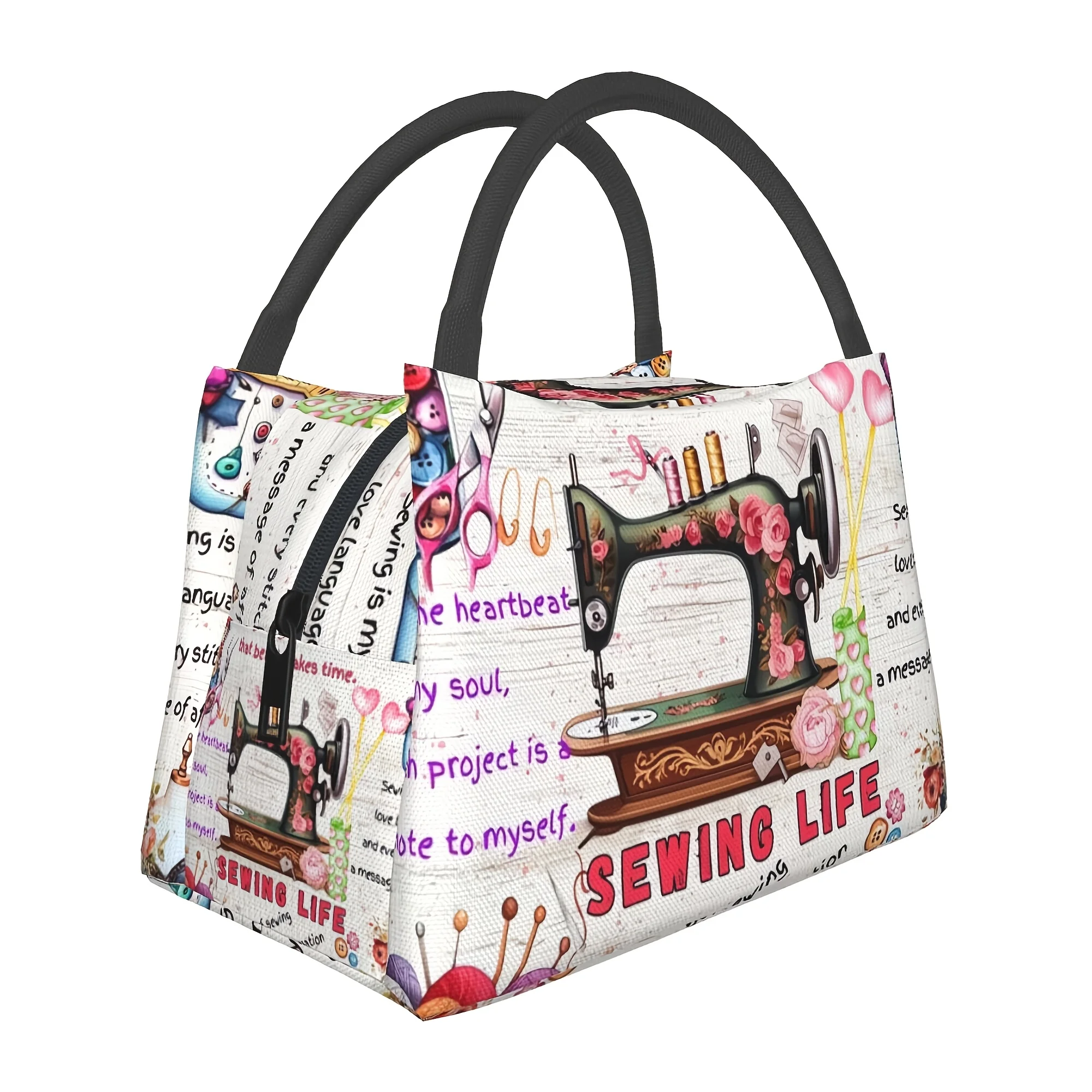 1pc Happy New Year Sewing Machine Text Pattern, Portable Reusable Cooler Bag, Insulated Bag, Insulated Lunch Bag