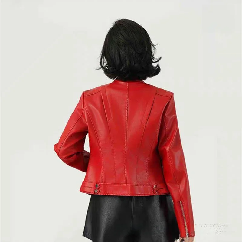 Faionable vermelho couro do plutônio jaet feminino ort casaco gola primavera outono fino sle senhoras premium quali outerwear