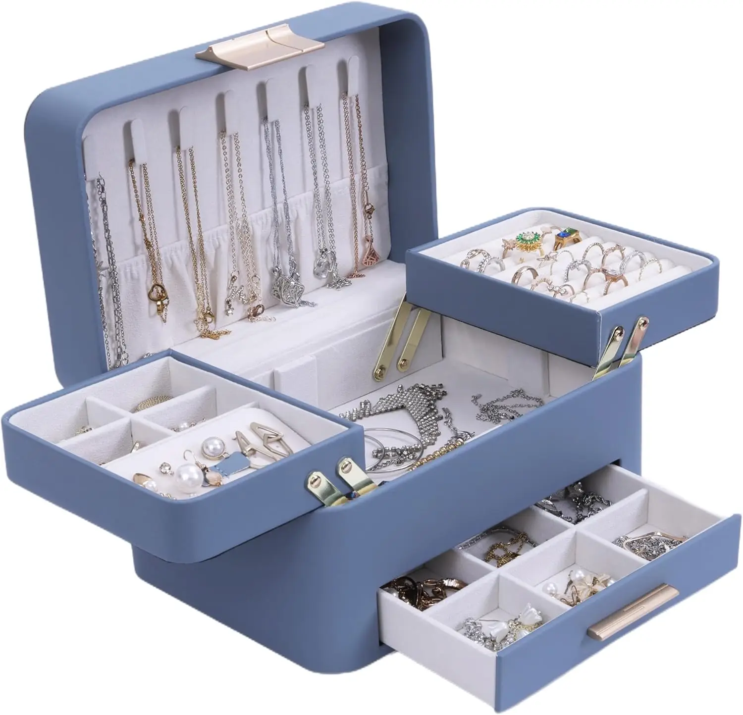 

Jewelry Box, 3 Layers Jewelry Organizer with Drawers, PU Leather Jewelry Storage Organizer for Earring, Ring, Necklace,