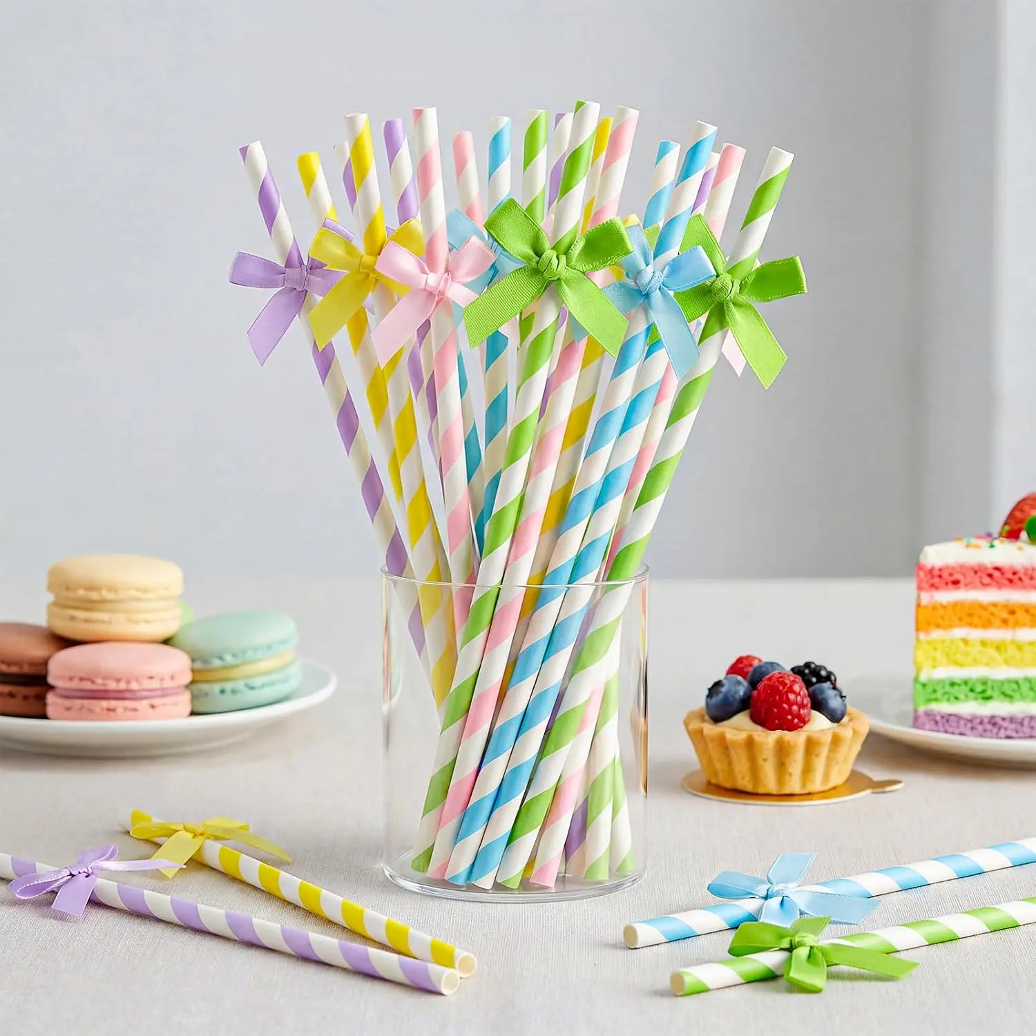 100 Pcs Bow Straws Bulk Disposable Paper Striped Drinking Straws for Graduations Cake Decorations Birthday Bridal Shower Wedding