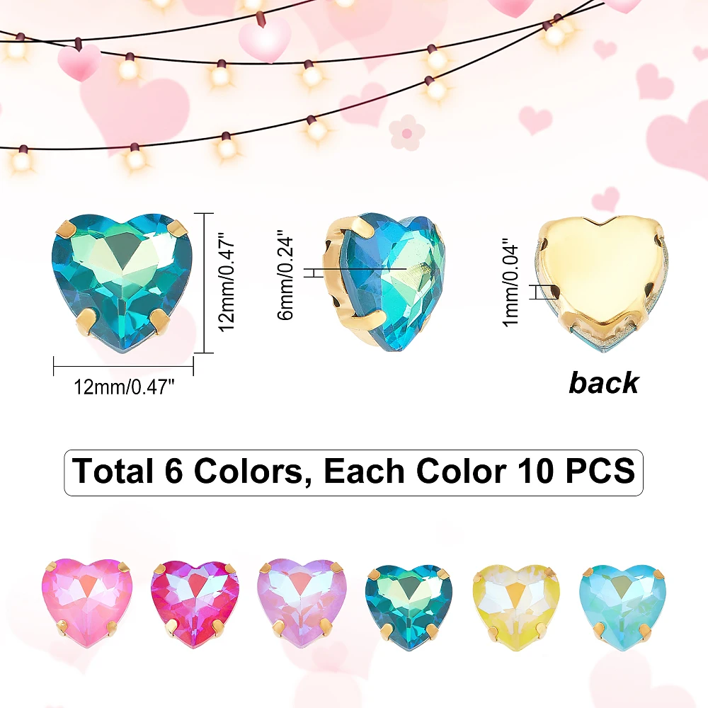 60Pcs Sew On Rhinestone Heart Rhinestones Heart Shapes Sewing Gems Rhinestones with Golden Plated Claw for DIY Jewelry Comstumes