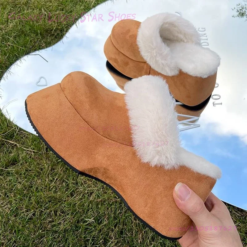 

Brown Plush Height-Increasing Slippers Round Toe White Plush Girl's Platform Gray Plush Sandals Casual Winter Warm Women's Shoes