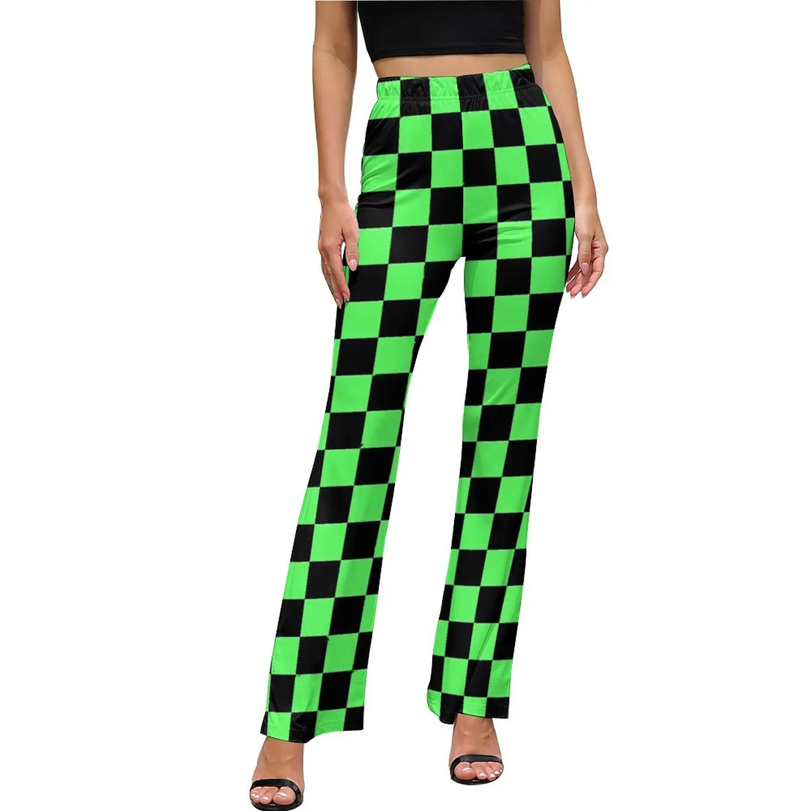 

Check Print Pants Black and Green Modern Flare Trousers Autumn Female Graphic Streetwear Slim Pants