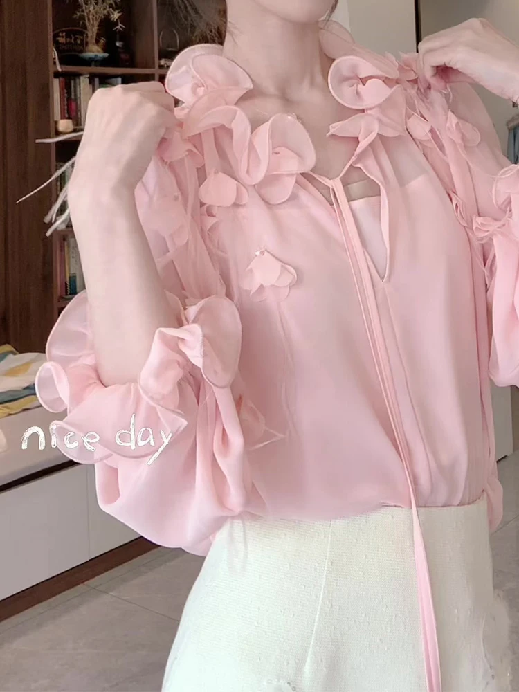 Women's Feather Flower Fairy Shirts Women's 2025 Spring New Fashion Versatile Flared Sleeve Shirt Female Nice Long Sleeve Tops
