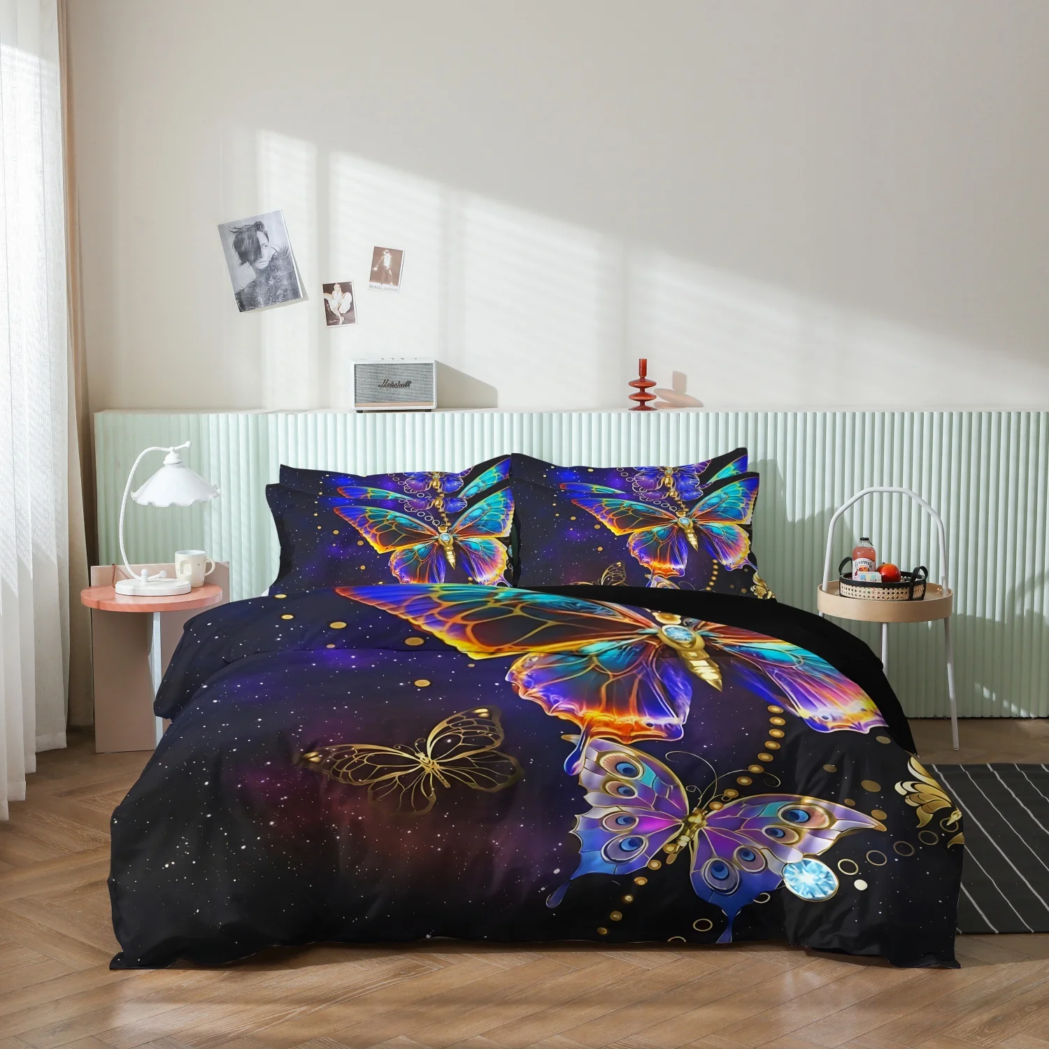 Fantasy Cosmic Starry Butterfly Duvet Cover Set, 3Pcs Black Galaxy Rainbow Golden Butterfly Pattern Bedding