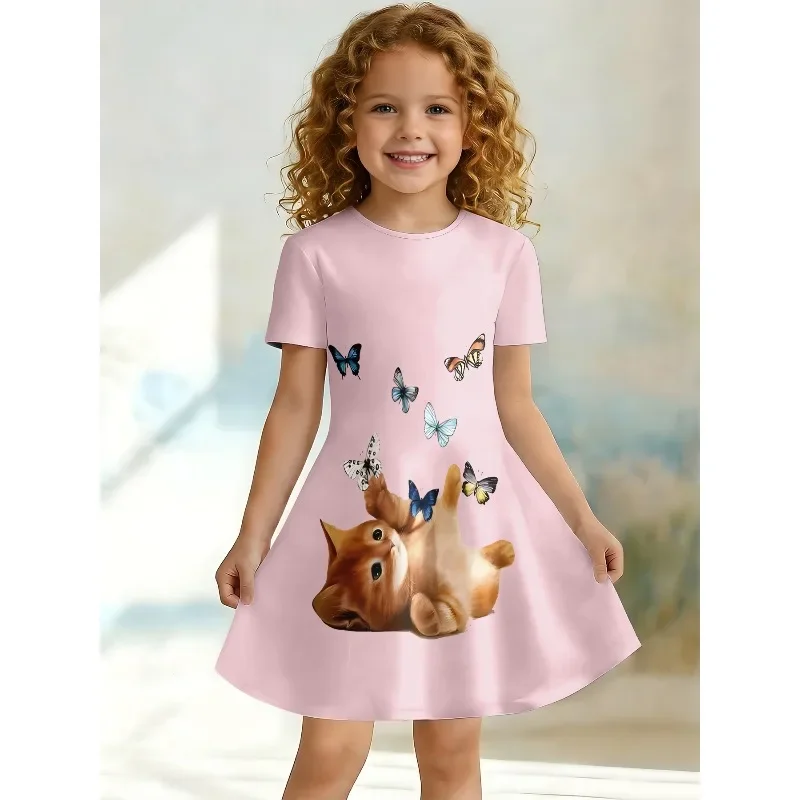 3D-Kleid mit süßem Aufdruck für junge Mädchen, kurzärmeliges A-Linien-Kleid mit Rundhalsausschnitt für Kinderpartys, geeignet für Geburtstagsgeschenke – Detail 5