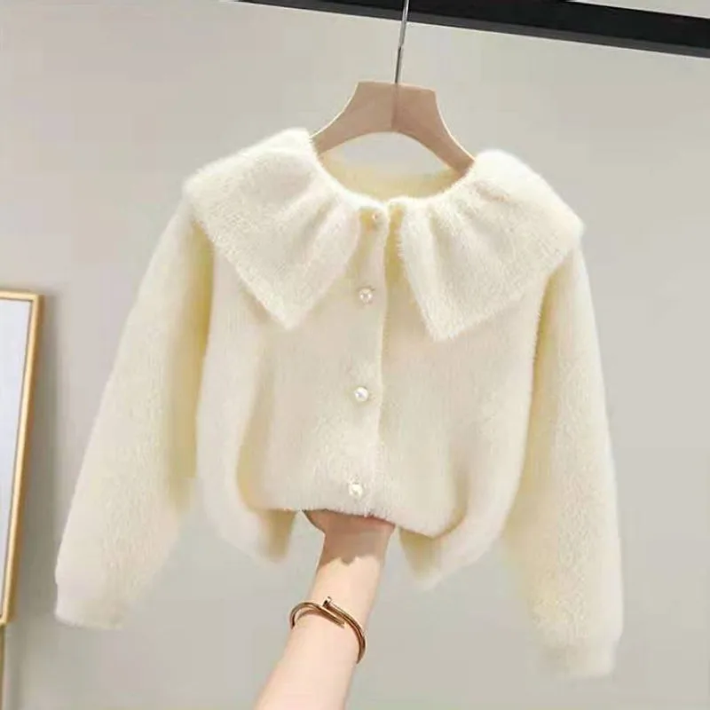 

2025 New Spring/Fall Kids Korean Style Lightweight Mink Cashmere Sweater Cardigan for Girls - Stylish Thin Knit Jacket