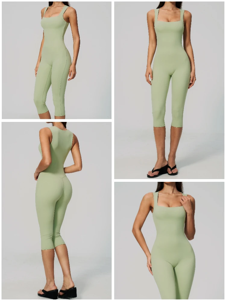 VITALINOVO Damen Ärmelloser Yoga-Romper mit eckigem Ausschnitt, einteiliger nahtloser gepolsterter Tank-Top-Jumpsuit, Capri-Leggings, Workout-Romper – Detail 11