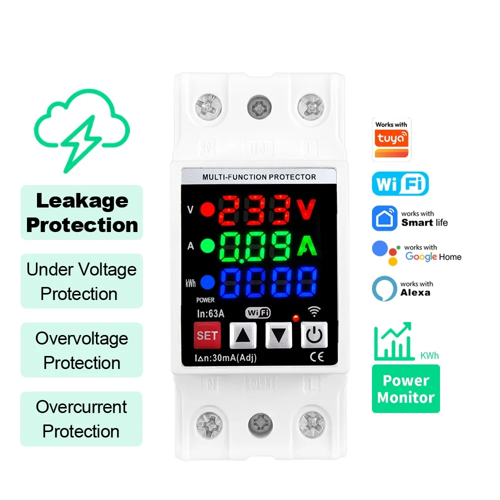Smart 2P 63A WiFi Circuit Breaker LED Display Energy Meter Metering Timer With Voltage Current Leakage Protection for Tuya Alexa