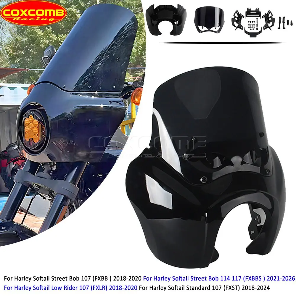 For LP6 Headlight Fairing Motorcycle Front Lamp Mask With Windshield Windscreen For Harley Softail Street Bob Low Rider Standard