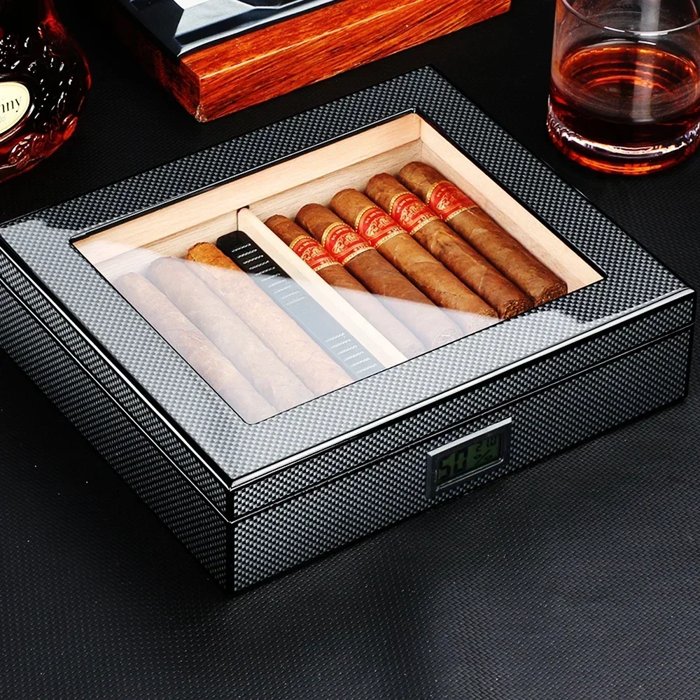 Spanish Cedar Wood Humidor Cigar Box With Hygrometer Humidifier Set High Transparent Home Cigar Case