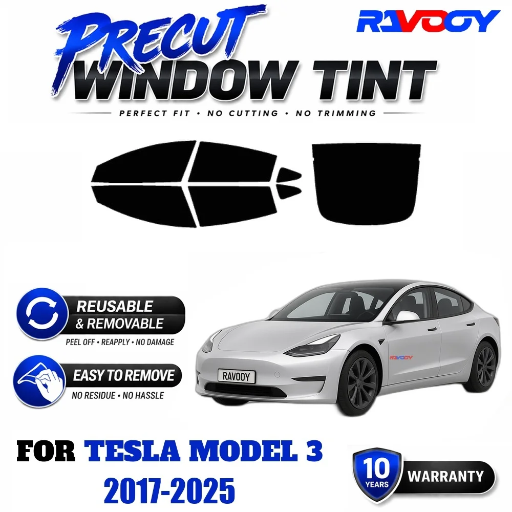 RAVOOY Precut Window Tint, Reusable Removable EPU Film, Custom Fit for Tesla Model 3 2017-2025, UV Heat Protection