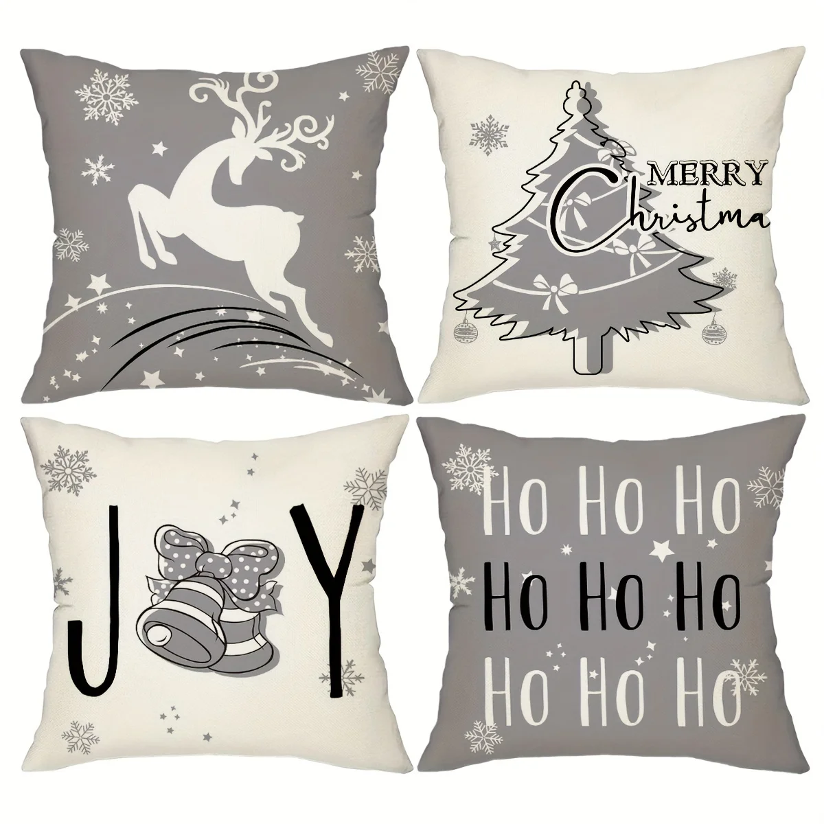 4-Pack Grey Christmas Throw Pillow Covers 18x18in, Farmhouse Winter Holiday Decor, Deer & Tree Print, Polyester, Zippered Cushio