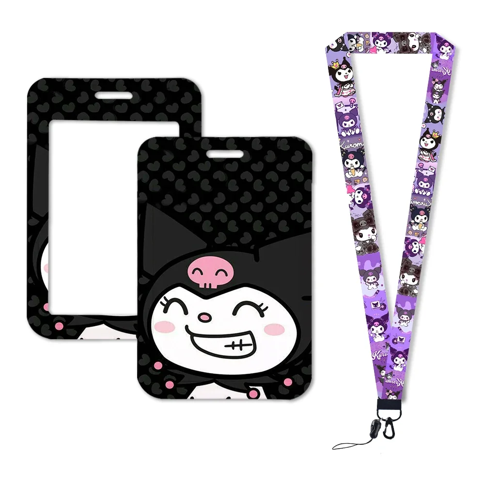 Sanrio kuromi porta-cartões de identificação, cordão para porta de meninas, corda suspensa, porta-crachá, alça de pescoço, cartão de visita, pequeno presente