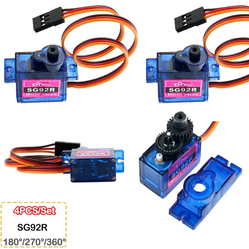 4 pces 9g sg92r micro servo motor analógico 180/270/360 graus 4.8-6.0v mini peças de servos analógicos para avião rc helicóptero modelo de carro