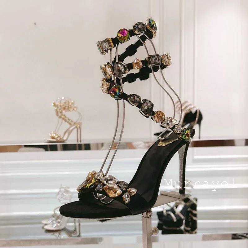 Sandalias de Tacón Alto con Tira Elástica y Decoración de Diamantes de Imitación, Sandalias de Mujer con Forma de Serpiente, Zapatos de Vestir para Fiesta de Verano