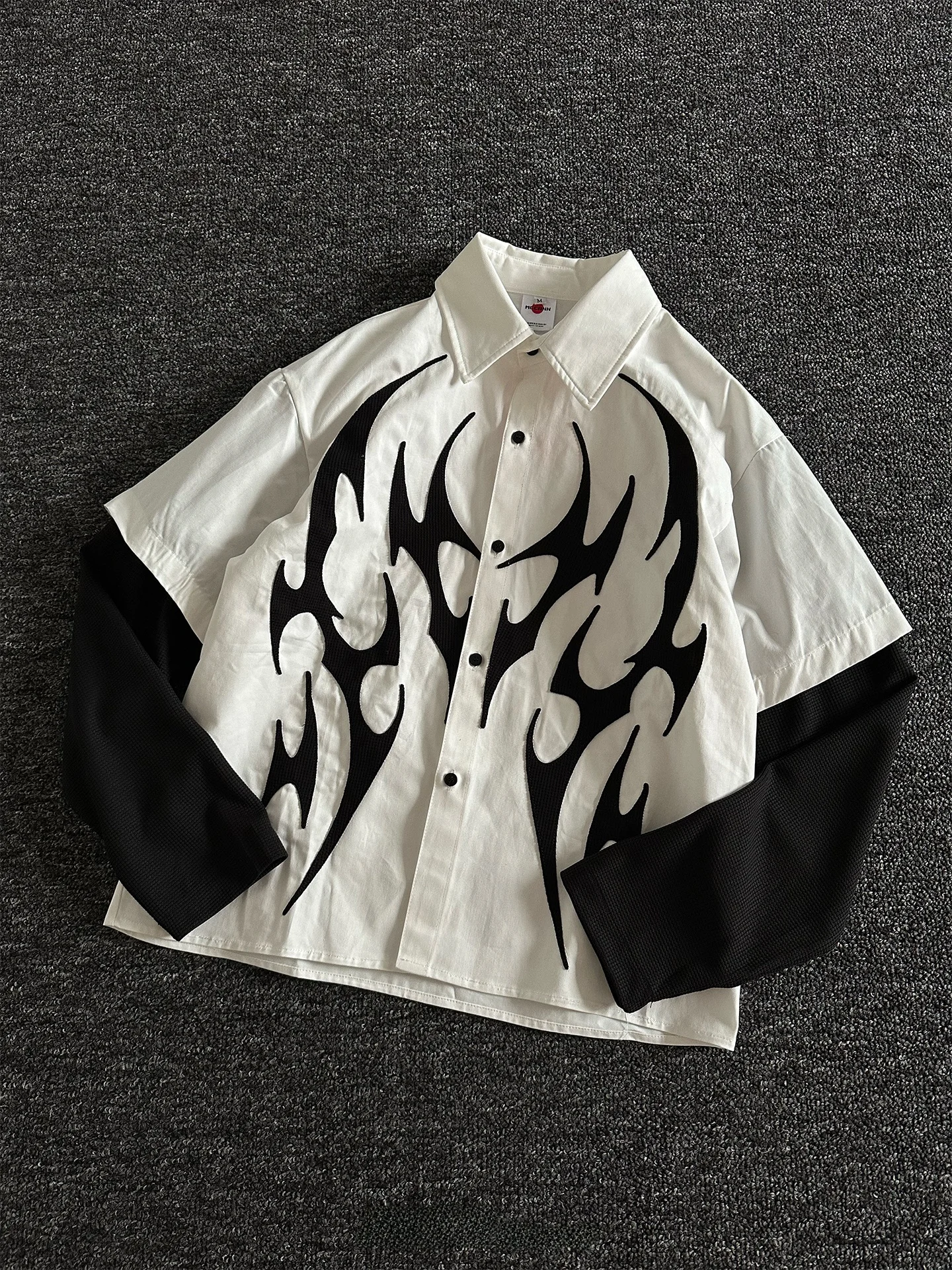 

Rise Brand Light Punk Sle Flame Embroidered Patchwork Long Sve irt Unique High End irt Stand Fit Printed Fabric