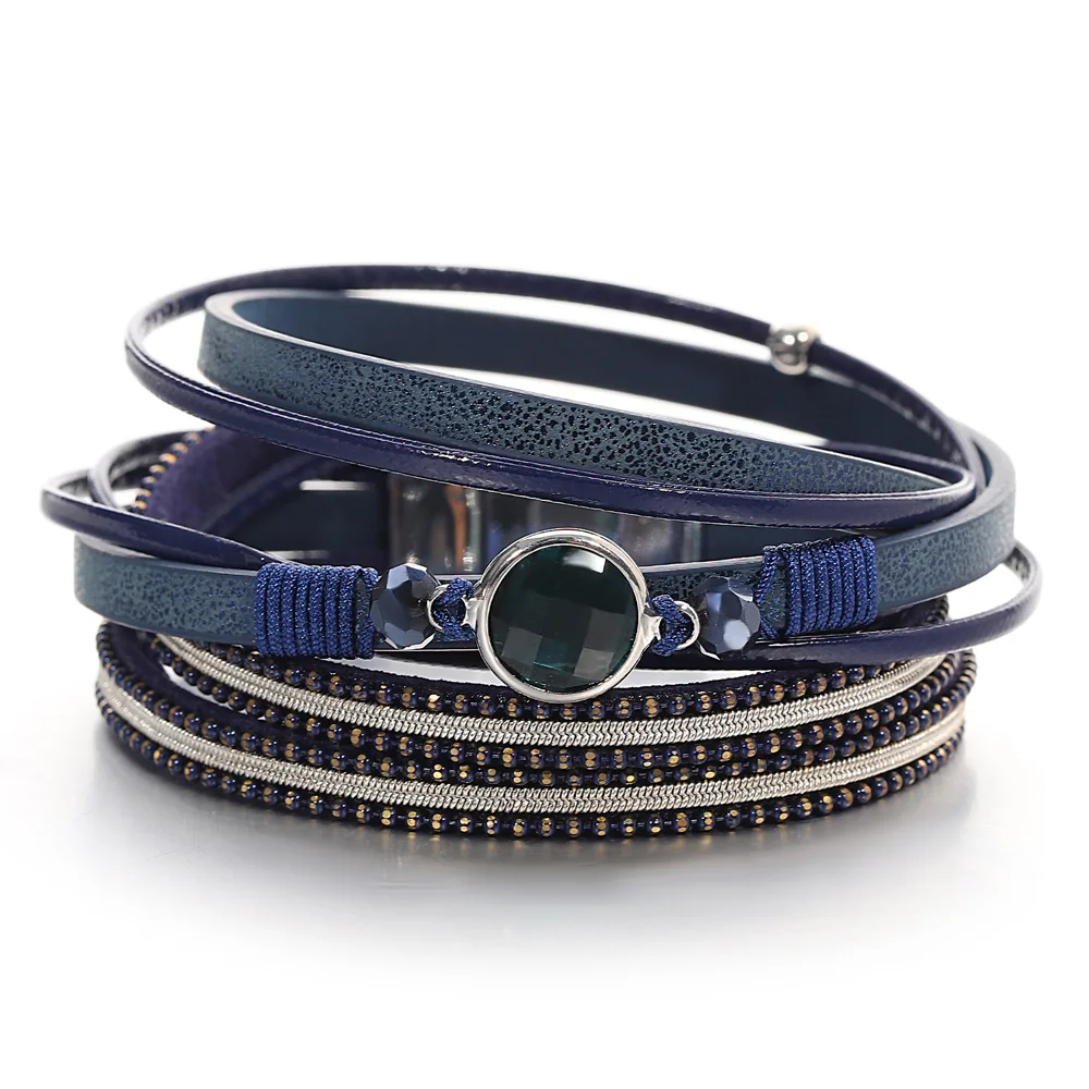 ALLYES Vintage kryształowa koralik skórzana bransoletka dla kobiet mężczyzn Boho wielowarstwowe długie łańcuszki Wrap bransoletki i Bangles Party biżuteria