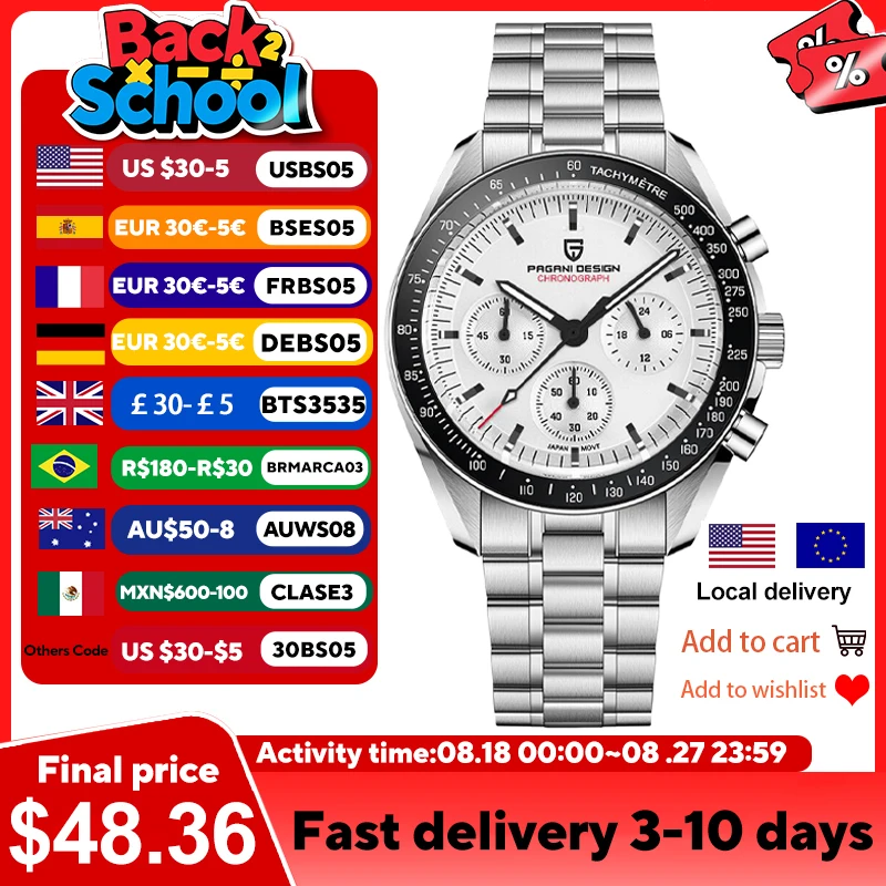 PAGANI DESIGN 2024 nuevo V5 PD1701 relojes para hombre reloj de cuarzo de lujo para hombre cronógrafo deportivo de velocidad AR cristal de zafiro 100M resistente al agua