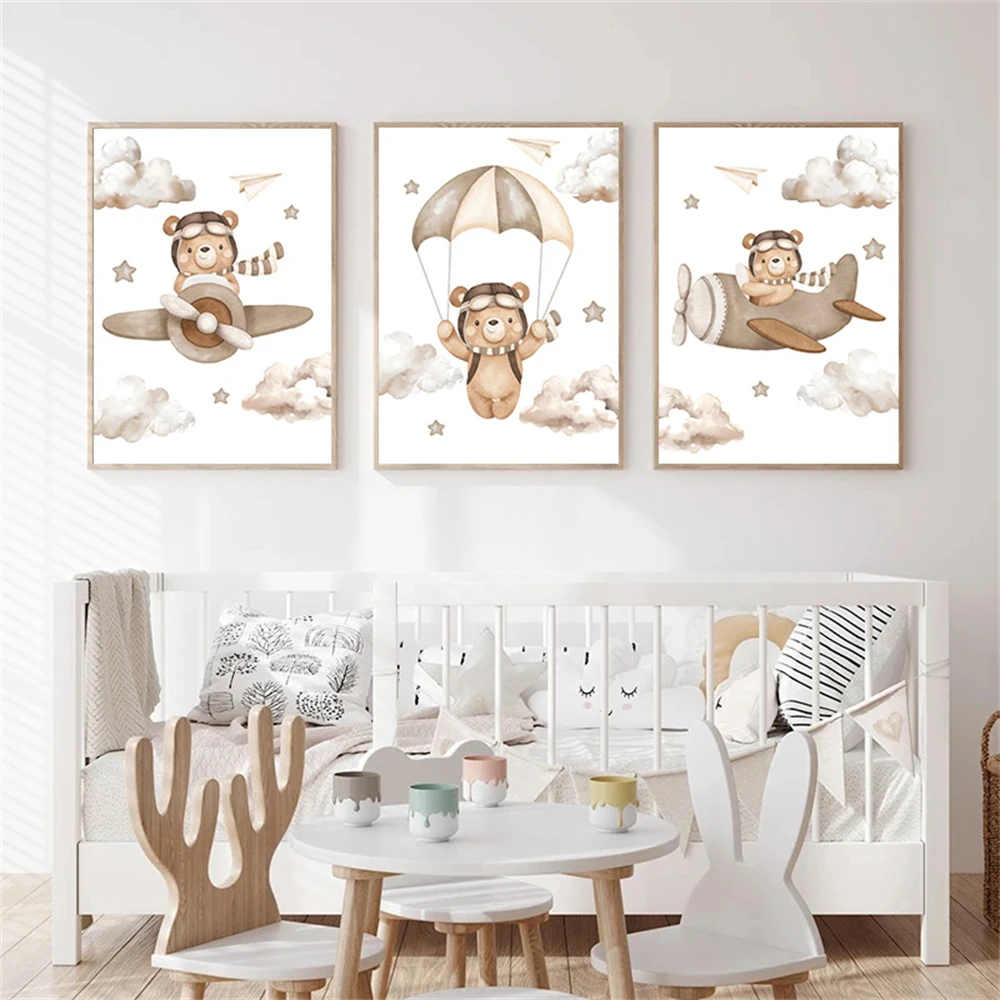 

Star Cloud Airplane Cartoon Bear Posters Canvas Painting Wall Art Nursery Print Pictures Nordic Poster Baby Kids Room Decoration