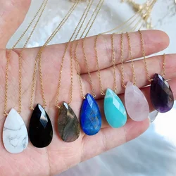 Natural Crystal Stone Necklace for Womens Water Drop Pendant Tiny Chain Amethysts Lapis Roses Quartz Purple Crystal Choker Reiki