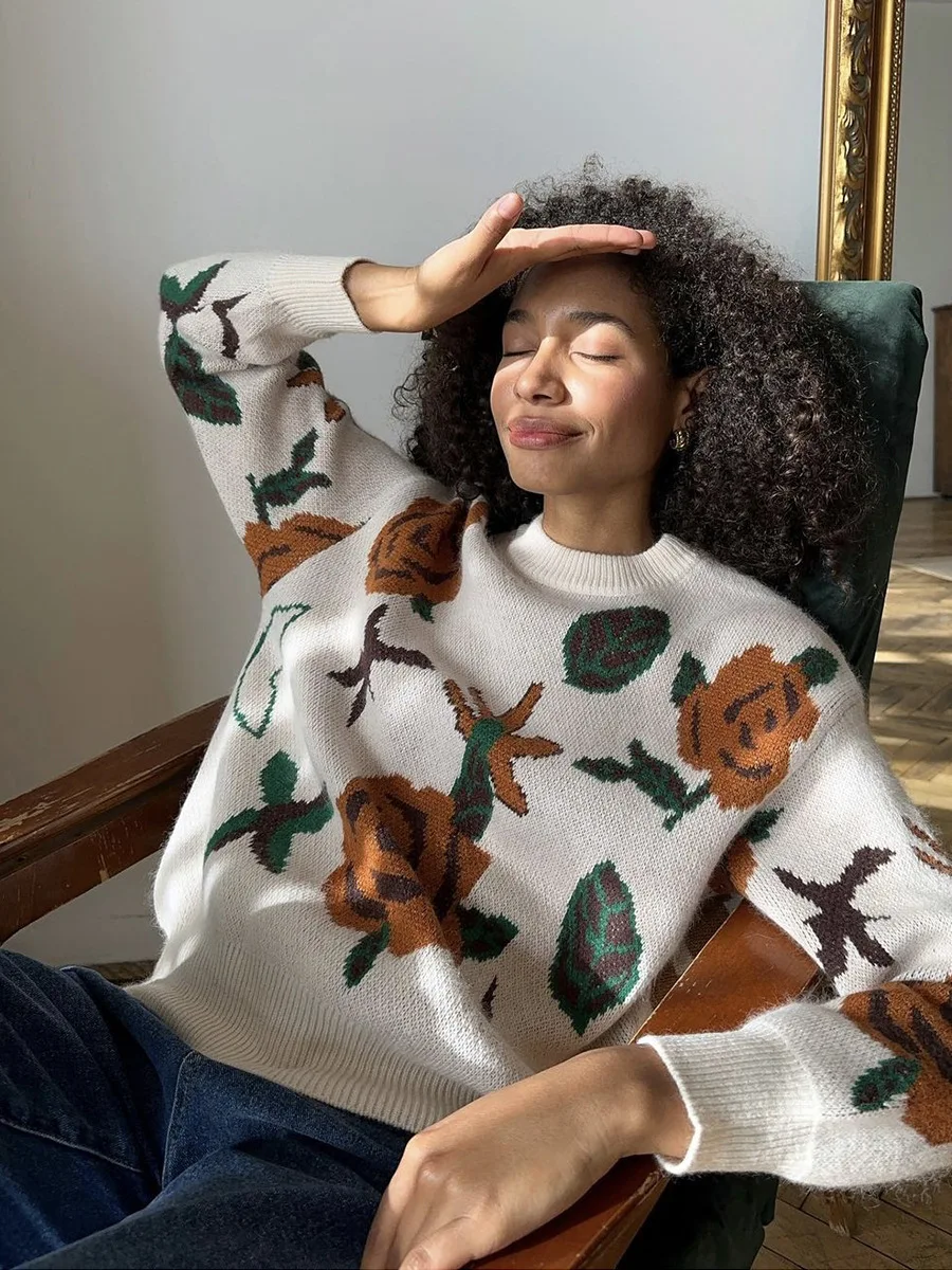 

Autumn Winter Trendy Pullovers Women's O - Neck Sweater Floral Rose Print Oversized Soft Knit Casual