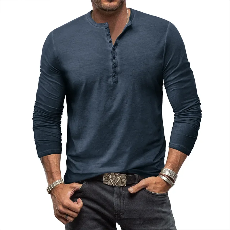 

2023 Spring and Autumn Men's Fashion Casual Retro Long Sleeved T-shirt Men's Button V-neck T-shirt Top