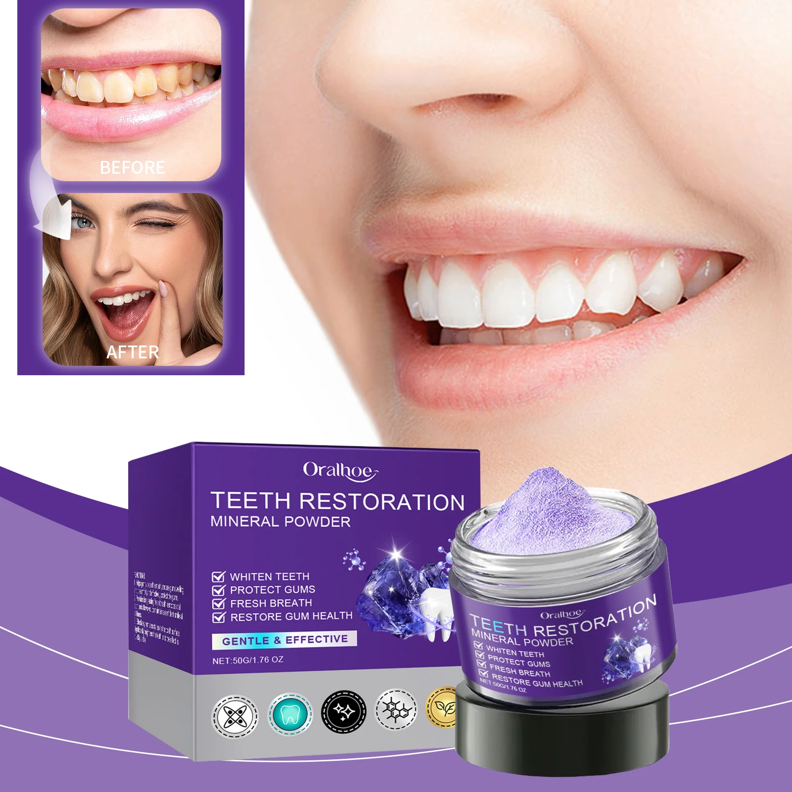 

50g Purple Tooth Whitening Powder Remove Plaque Stains Calculus Bad Breath Yellow Stain Oral Hygiene Cleaning Tooth Care