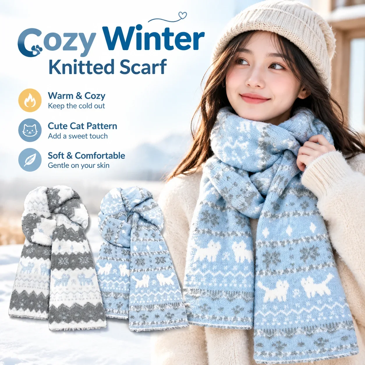 Women Winter Warm Knitted Cat Fair Isle Scarf Soft Korean Aesthetic Cozy Neck Wrap Fashion Accessory for Daily