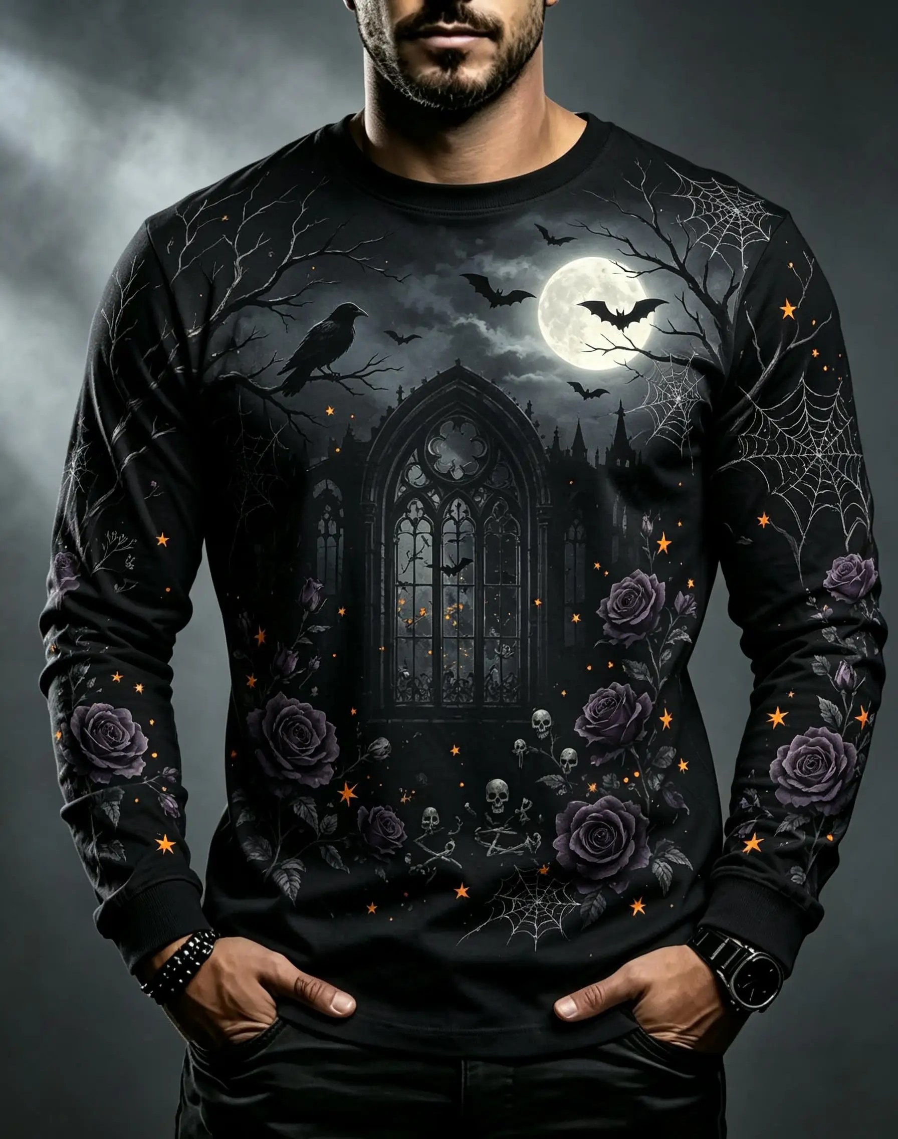 Men Gothic Halloween Long Sleeve Tee, Cathedral Arch Moon Bat Dead Tree Rose Allover Print Casual Shirt