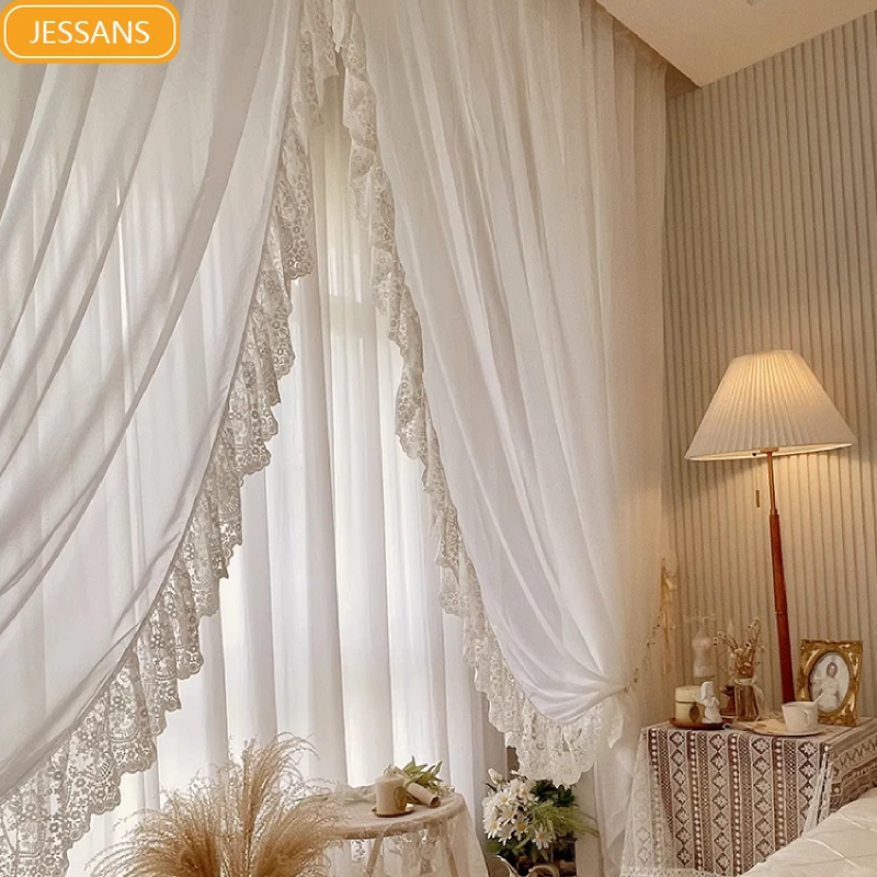 

French White Bud Lace Splicing Screen Curtains for Living Room Bedroom French Window Balcony Window Customized Chiffon Tulle