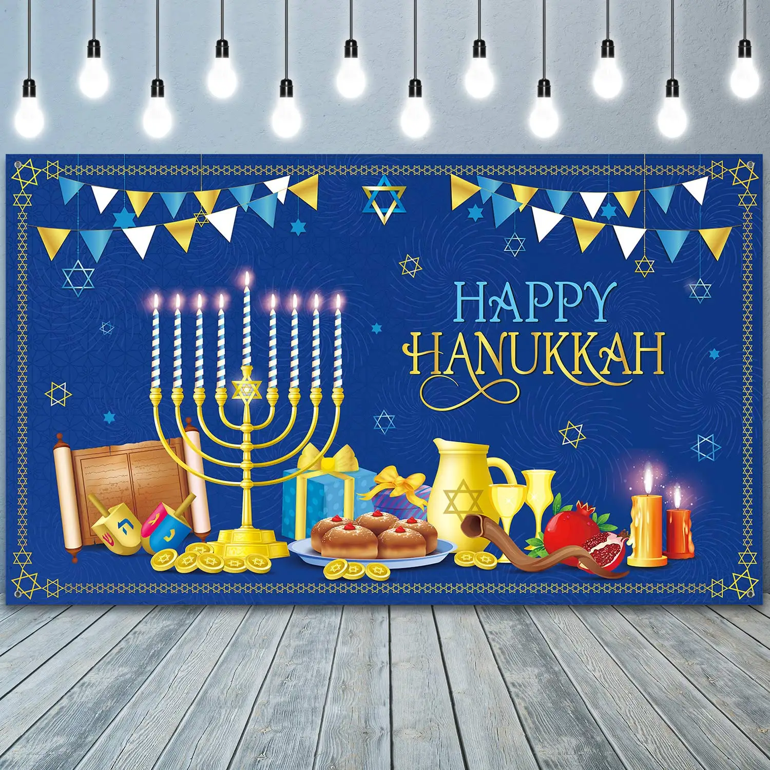 

Hanukkah Decorations Happy Hanukkah Theme Banner Backdrop Blue and Gold Fabric Jewish Chanukah Party Background Photo Decor 2025