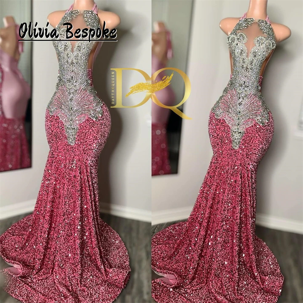 Dazzling Pink Halter Prom Dresses For Birthday Party Sequin Silvery Crystal Beading Mermaid Special Occasion Dress Black Girls