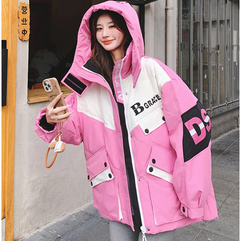 Losse letterprint witte eend donsjack voor dames winterstijl, verdikte kleurblok jas casual gesplitste winddichte top met capuchon