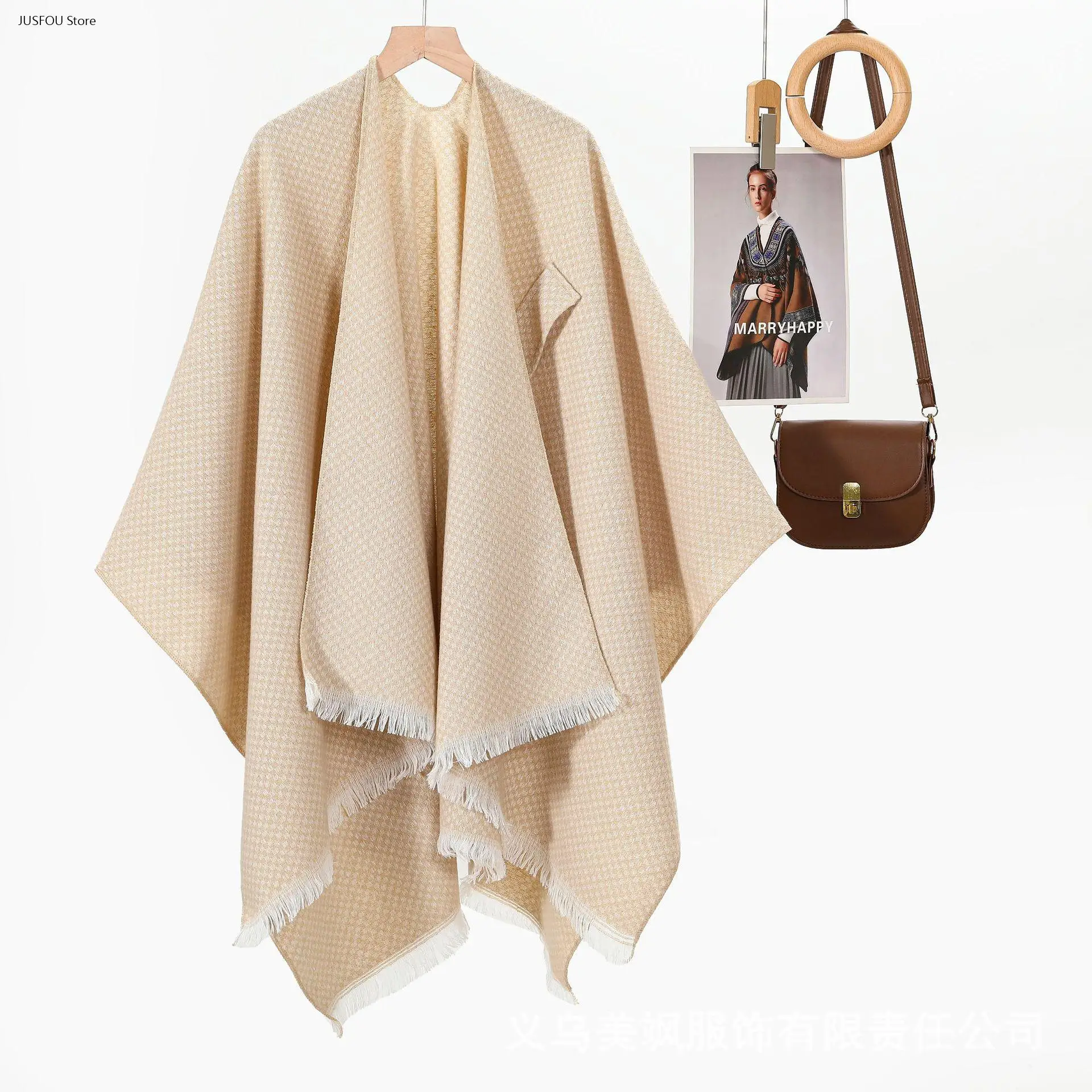 Women Maillard Tone Shawl Tassel Split Cloak Warm Outer Cape for Grassland Western Sichuan Travel Photography Stylish Daily Wrap